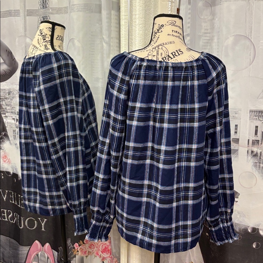 NWT Counterparts Navy Plaid Peasant Blouse - Picture 3 of 6